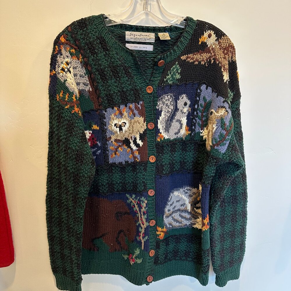 Signatures by Northern Isles Forest Animal Green Plaid Button Up Sweater Size L